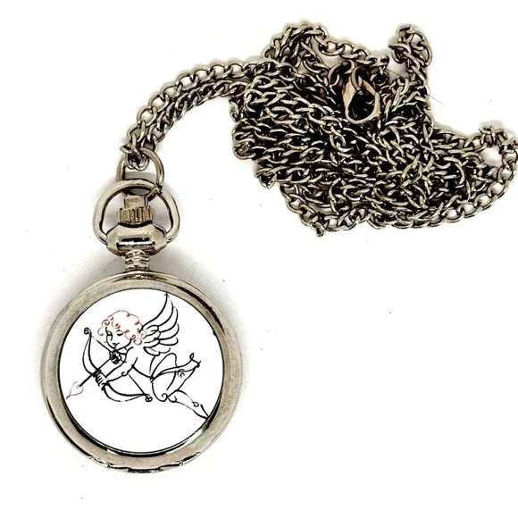 Silver Plated Angel Pendant Watch on Long Chain with Fresh Battery Item #1051 - Picture 2 of 5